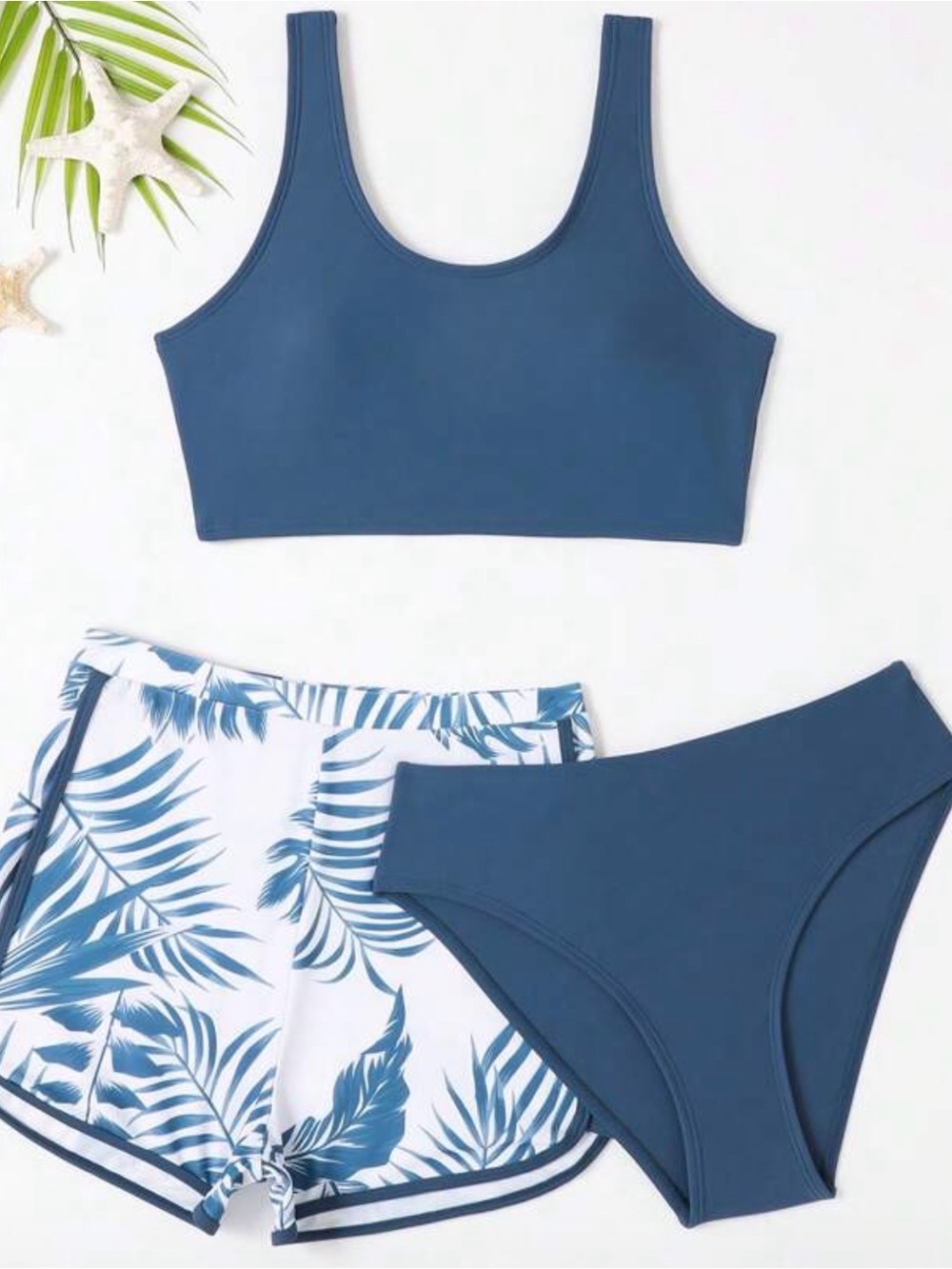 Blue Three-Piece Swim Set with Tropical Print Shorts Girls 14
